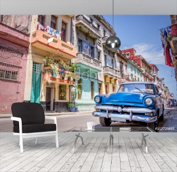 Picture of Blue vintage classic american car in a colorful street of Havana Cuba Travel and tourism concept